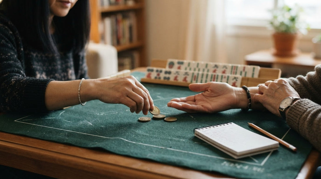 Four women at a yacht club mahjong table with small stacks of scoring coins between them