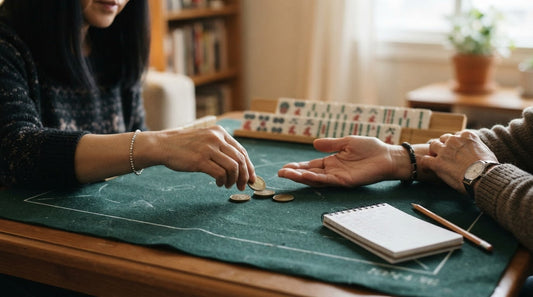 Four women at a yacht club mahjong table with small stacks of scoring coins between them