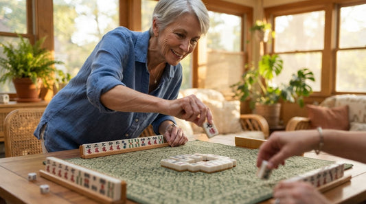 Four women at a historic clubhouse mahjong table as the wall runs low in a tense endgame