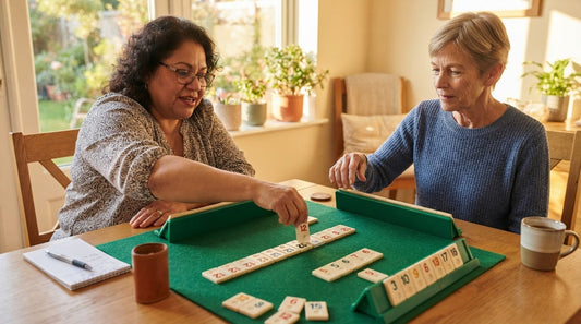 Four women at a library mahjong table as the dealer prepares the first discard of a round