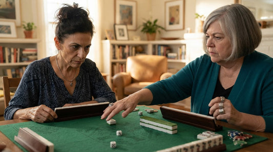 Four women at a bingo hall mahjong table, each keeping her rack within her own space