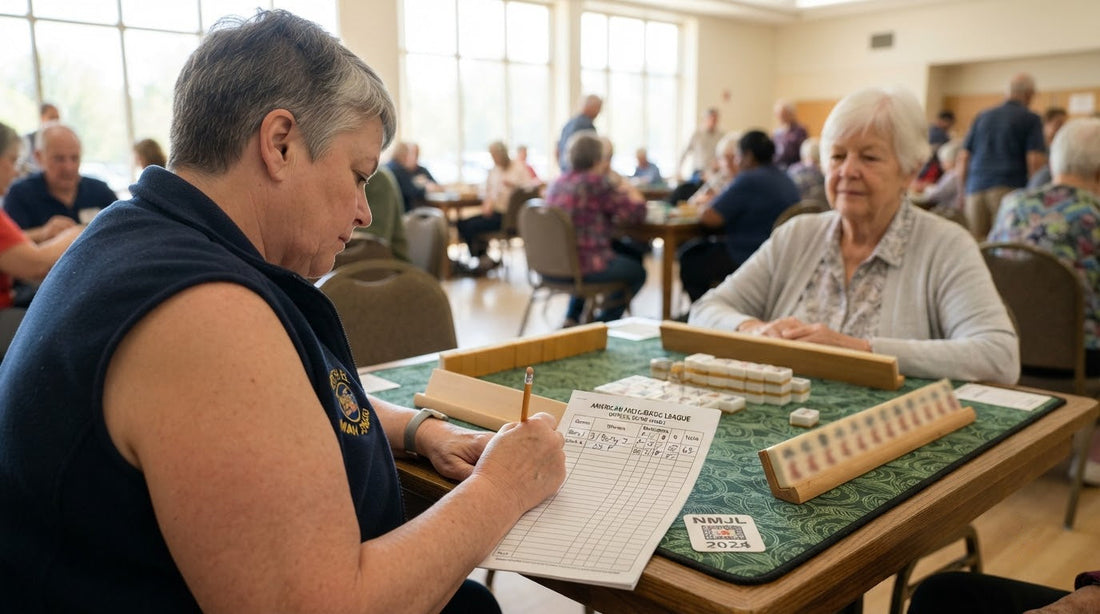 Four women at a retirement lounge mahjong table reacting to a miscalled hand of tiles