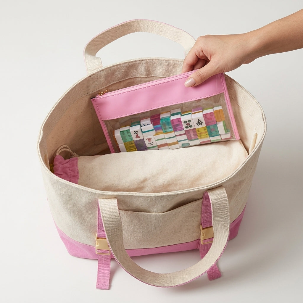 The Mahjong Day-Bag Set — Canvas Carryall + Clear Waterproof Tile Pouch + Rack Bag, Made to Carry Your Whole Set