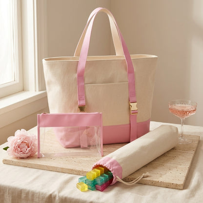 The Mahjong Day-Bag Set — Canvas Carryall + Clear Waterproof Tile Pouch + Rack Bag, Made to Carry Your Whole Set