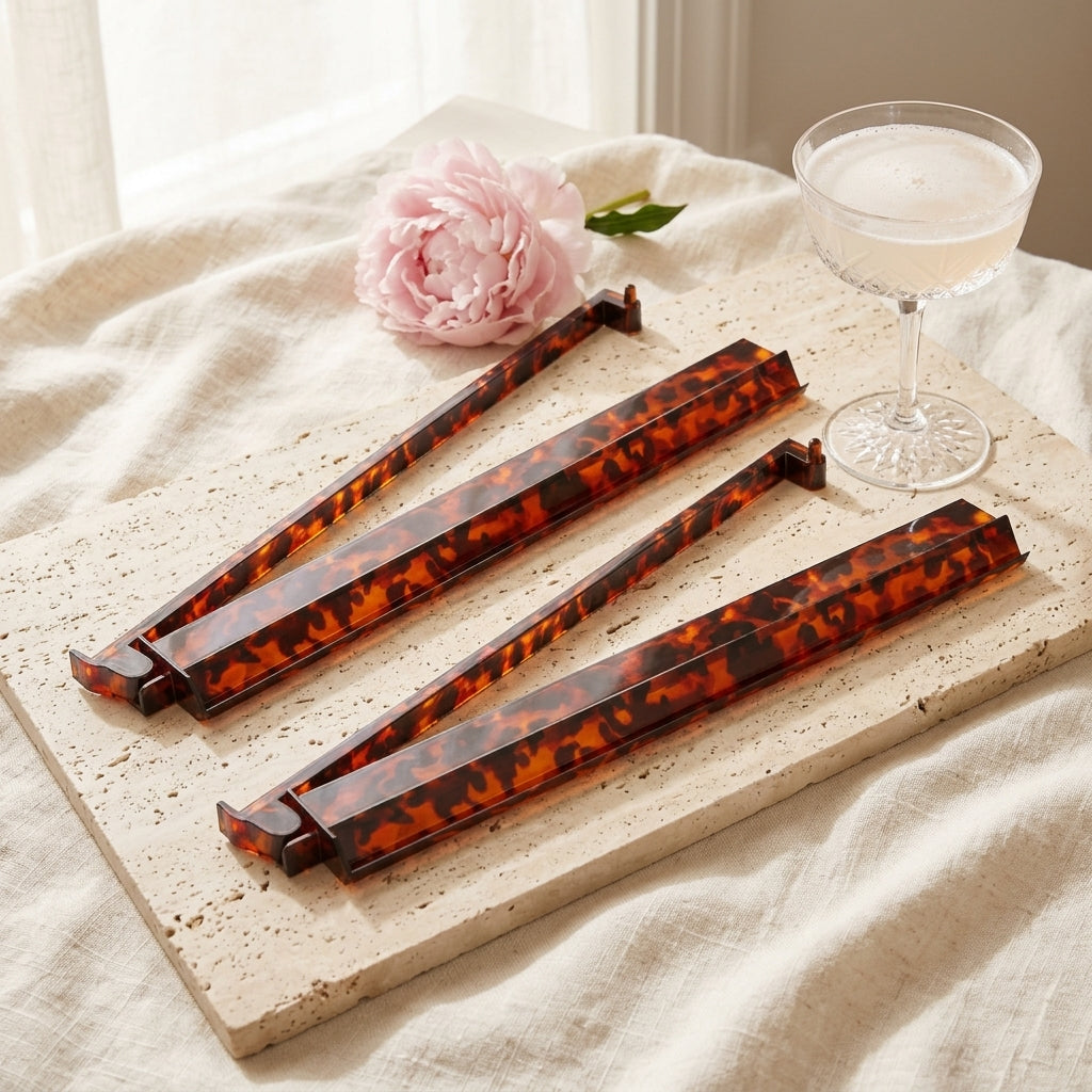 The Tortoise Shell Rack & Pusher Set — Warm Tortoise-Pattern Acrylic Racks with Built-In Pushers, So You Never Lean Across the Table