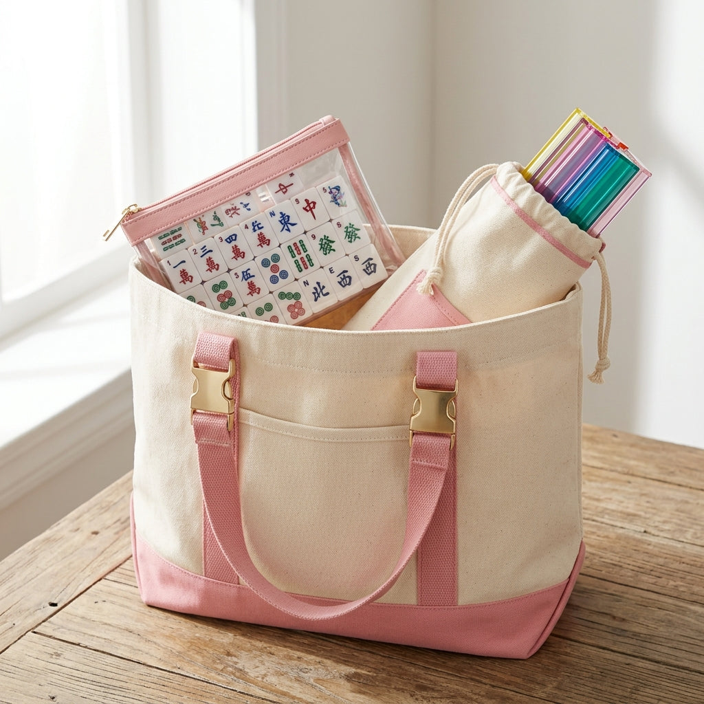 The Mahjong Day-Bag Set — Canvas Carryall + Clear Waterproof Tile Pouch + Rack Bag, Made to Carry Your Whole Set