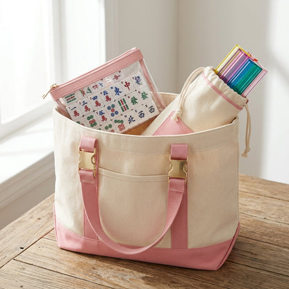The Mahjong Day-Bag Set — Canvas Carryall + Clear Waterproof Tile Pouch + Rack Bag, Made to Carry Your Whole Set