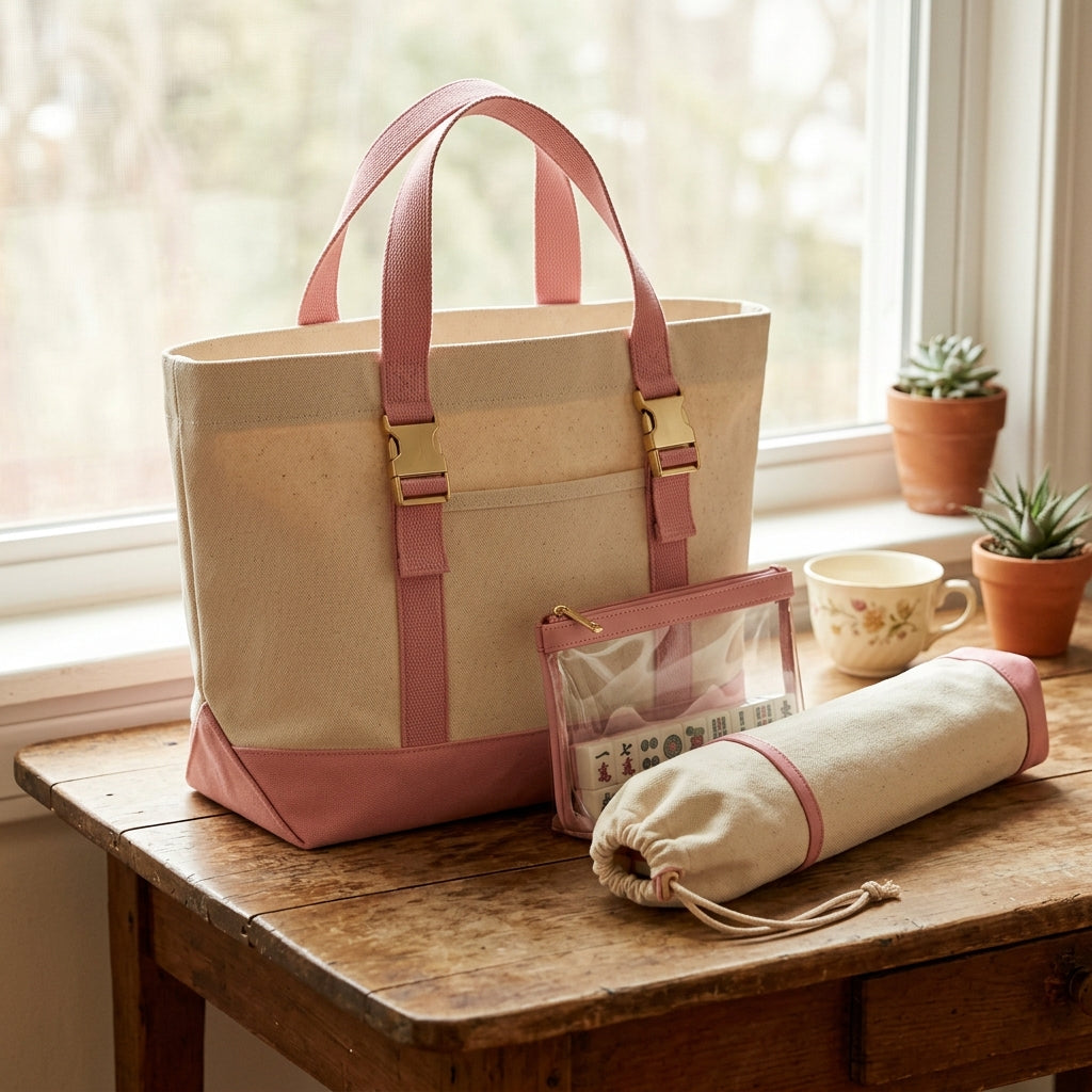 The Mahjong Day-Bag Set — Canvas Carryall + Clear Waterproof Tile Pouch + Rack Bag, Made to Carry Your Whole Set