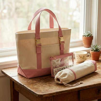 The Mahjong Day-Bag Set — Canvas Carryall + Clear Waterproof Tile Pouch + Rack Bag, Made to Carry Your Whole Set