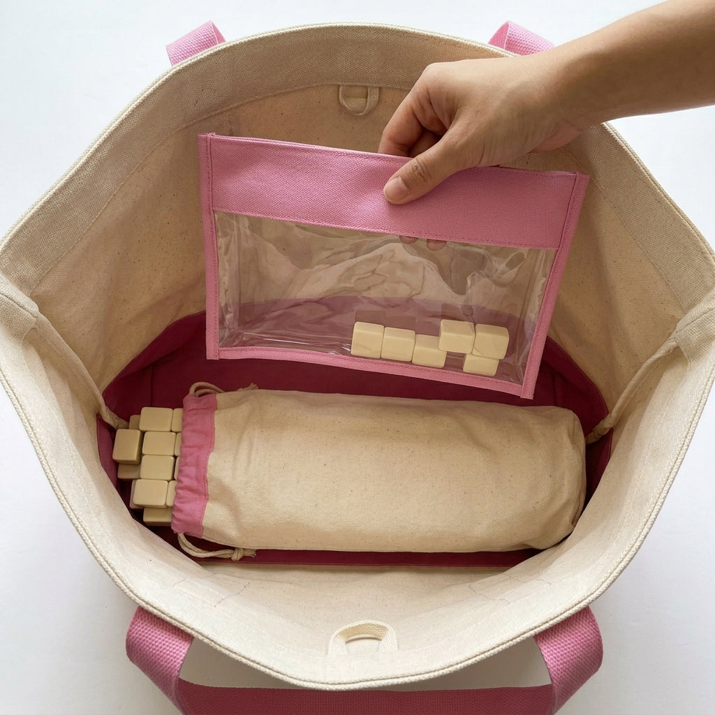 The Mahjong Day-Bag Set — Canvas Carryall + Clear Waterproof Tile Pouch + Rack Bag, Made to Carry Your Whole Set