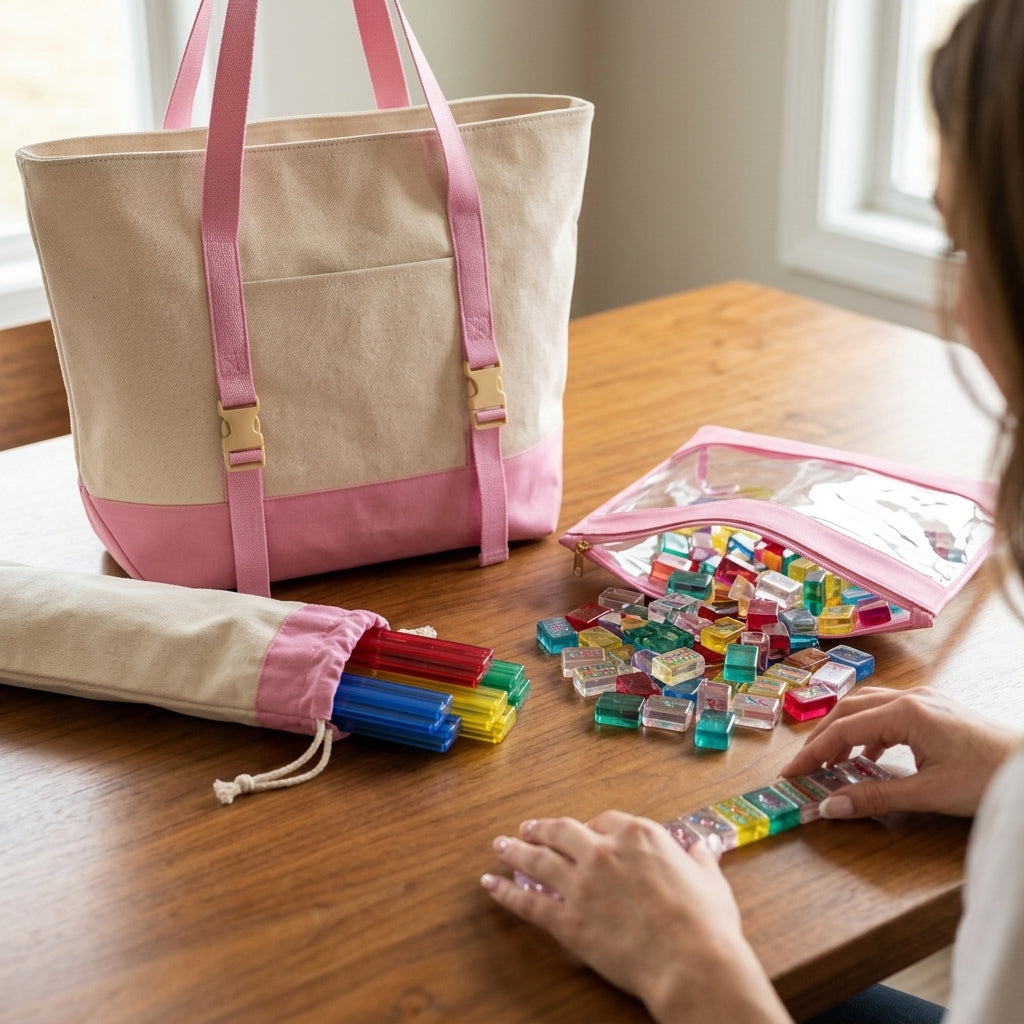 The Mahjong Day-Bag Set — Canvas Carryall + Clear Waterproof Tile Pouch + Rack Bag, Made to Carry Your Whole Set