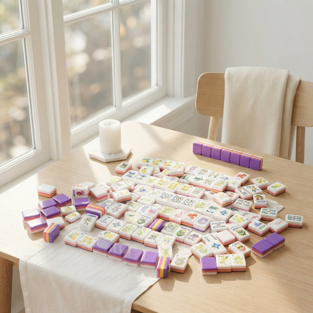 Amalfi Lemon mahjong tiles on a sunroom table by the window