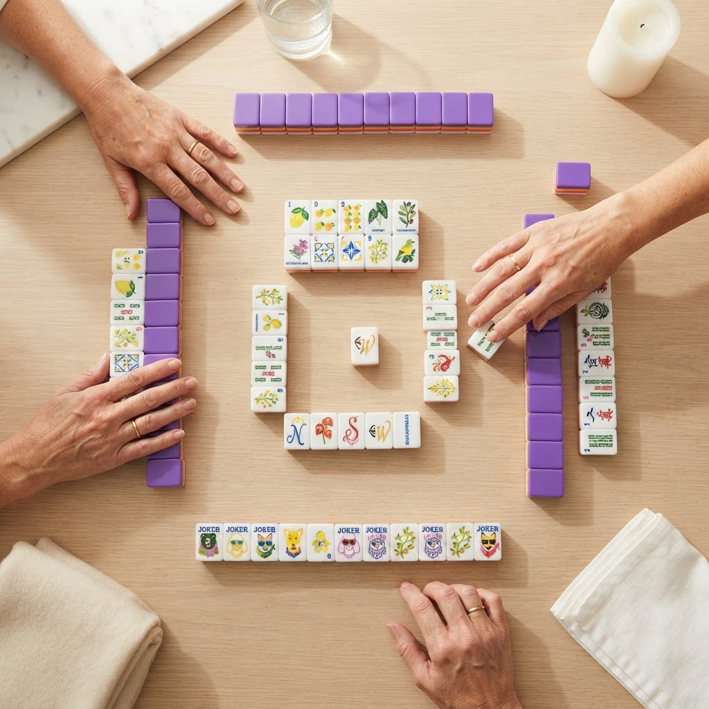 Four players mid-game with Amalfi Lemon mahjong tiles, seen from above