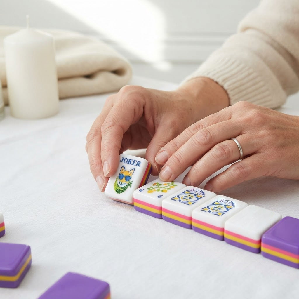 Hands turning over an Amalfi Lemon mahjong tile