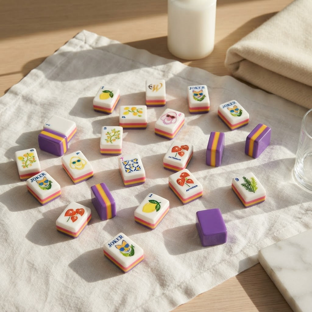 Amalfi Lemon mahjong tiles scattered on a linen cloth