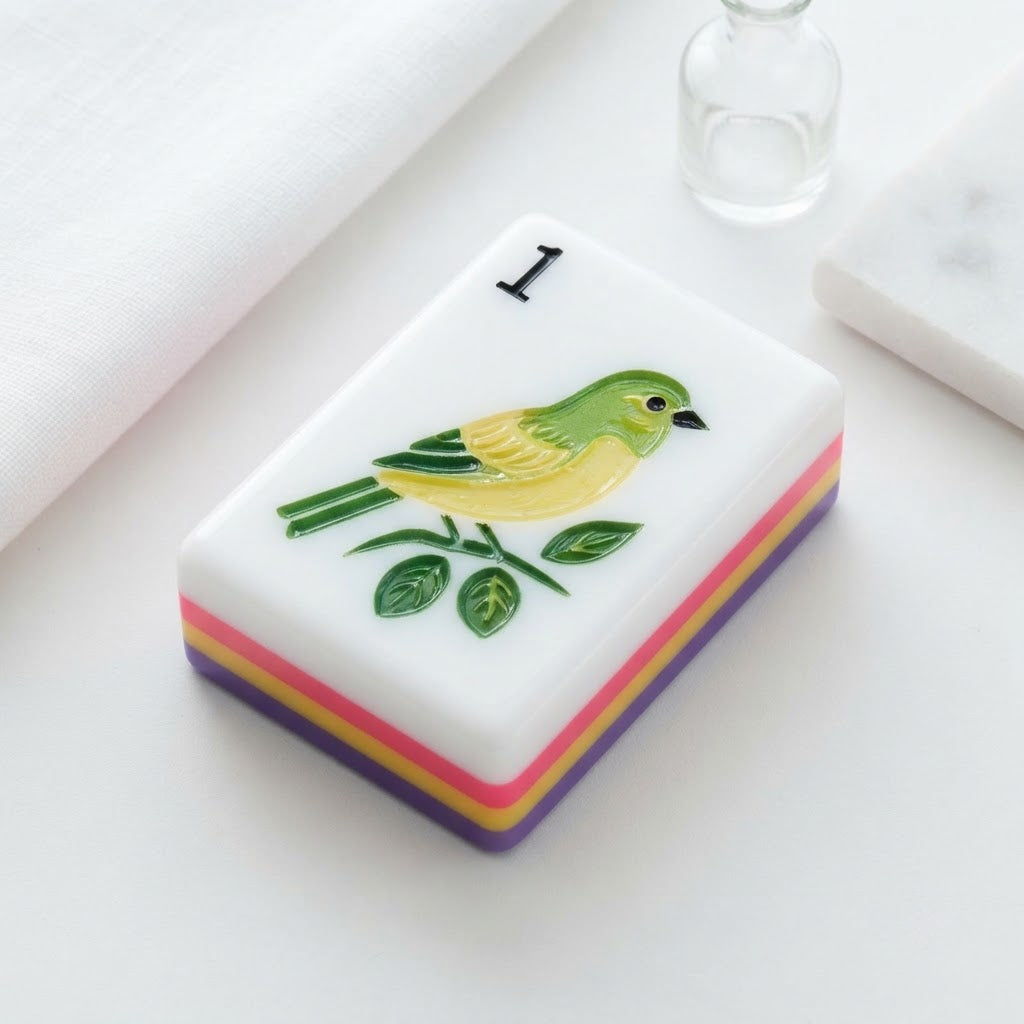 Amalfi Lemon green bird Bam tile close-up with striped layered edge
