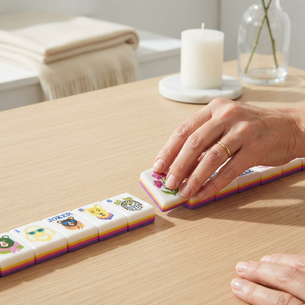 Hand placing an Amalfi Lemon mahjong tile on a wood table