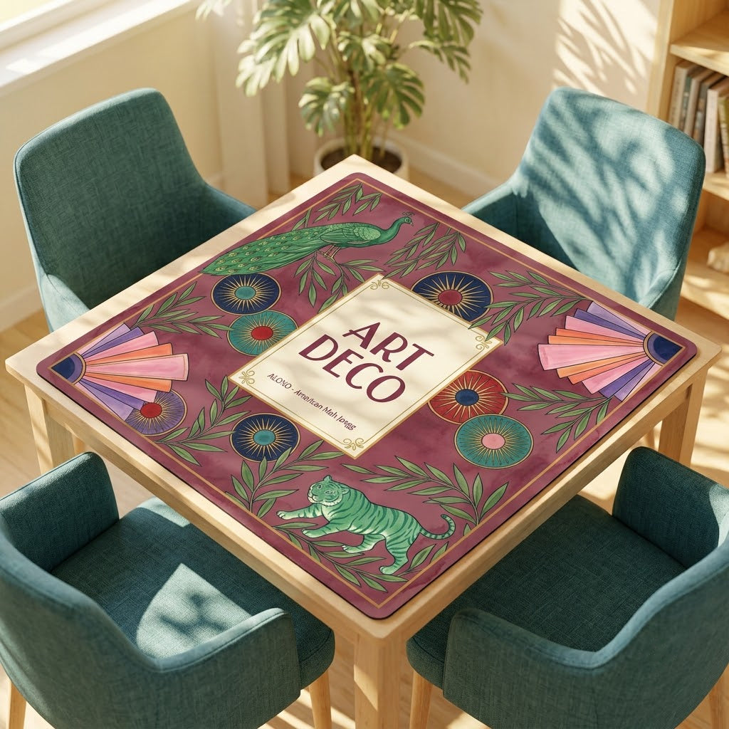 Art Deco Peacock mahjong mat on a card table with four chairs in a living room