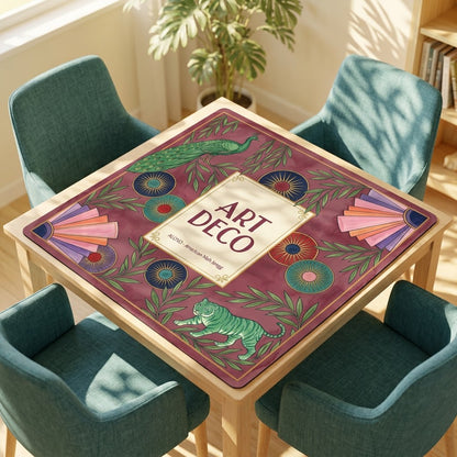 Art Deco Peacock mahjong mat on a card table with four chairs in a living room