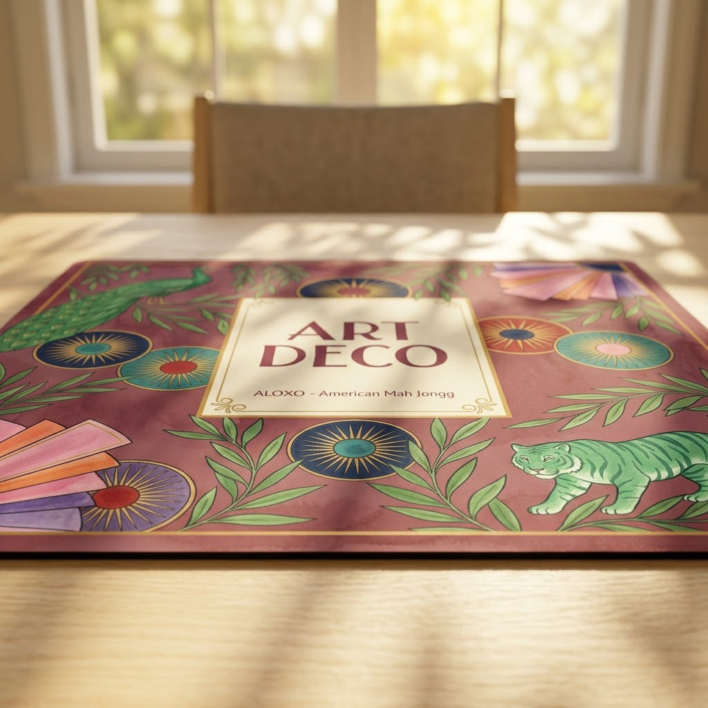 Low-angle view of the Art Deco Peacock mahjong mat lying flat on a table
