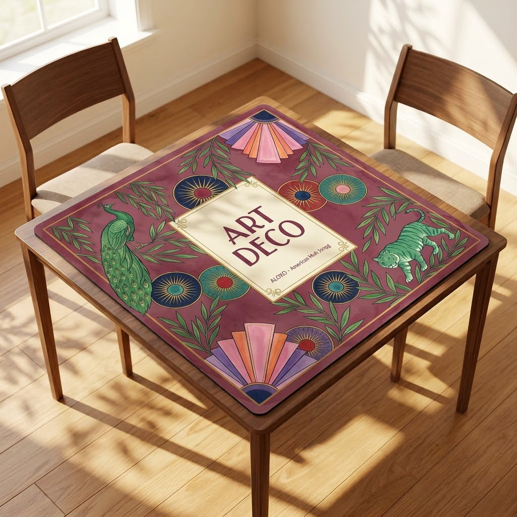 Art Deco Peacock mahjong mat covering a square card table, angled view