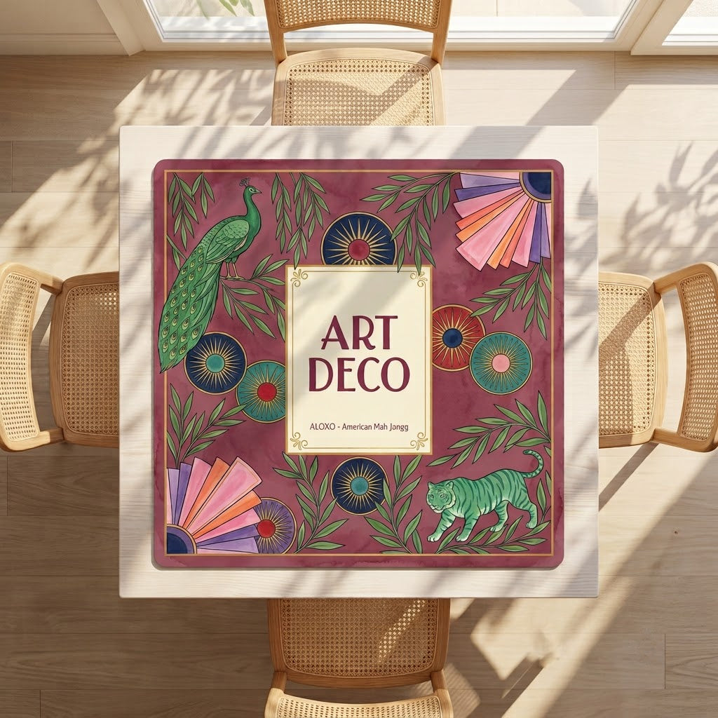 Art Deco Peacock mahjong mat on a square card table with four chairs, seen from above