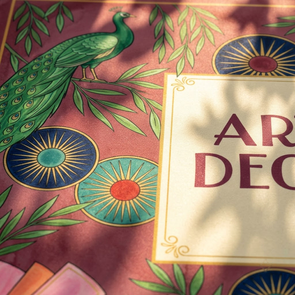 Close-up of the printed artwork on the Art Deco Peacock mahjong mat