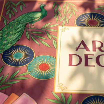 Close-up of the printed artwork on the Art Deco Peacock mahjong mat
