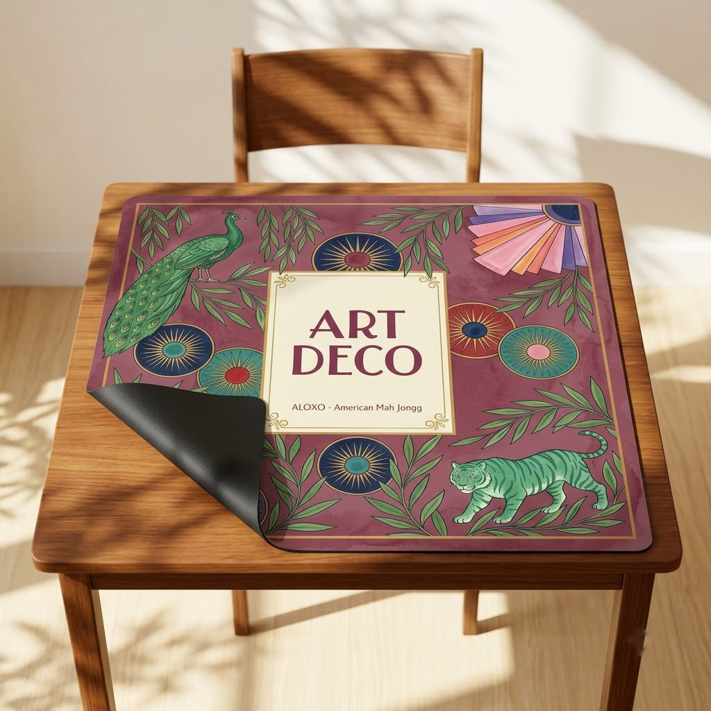 Art Deco Peacock mahjong mat with one corner folded back to show the black rubber underside