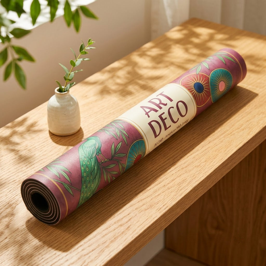 Art Deco Peacock mahjong mat rolled up on a console table