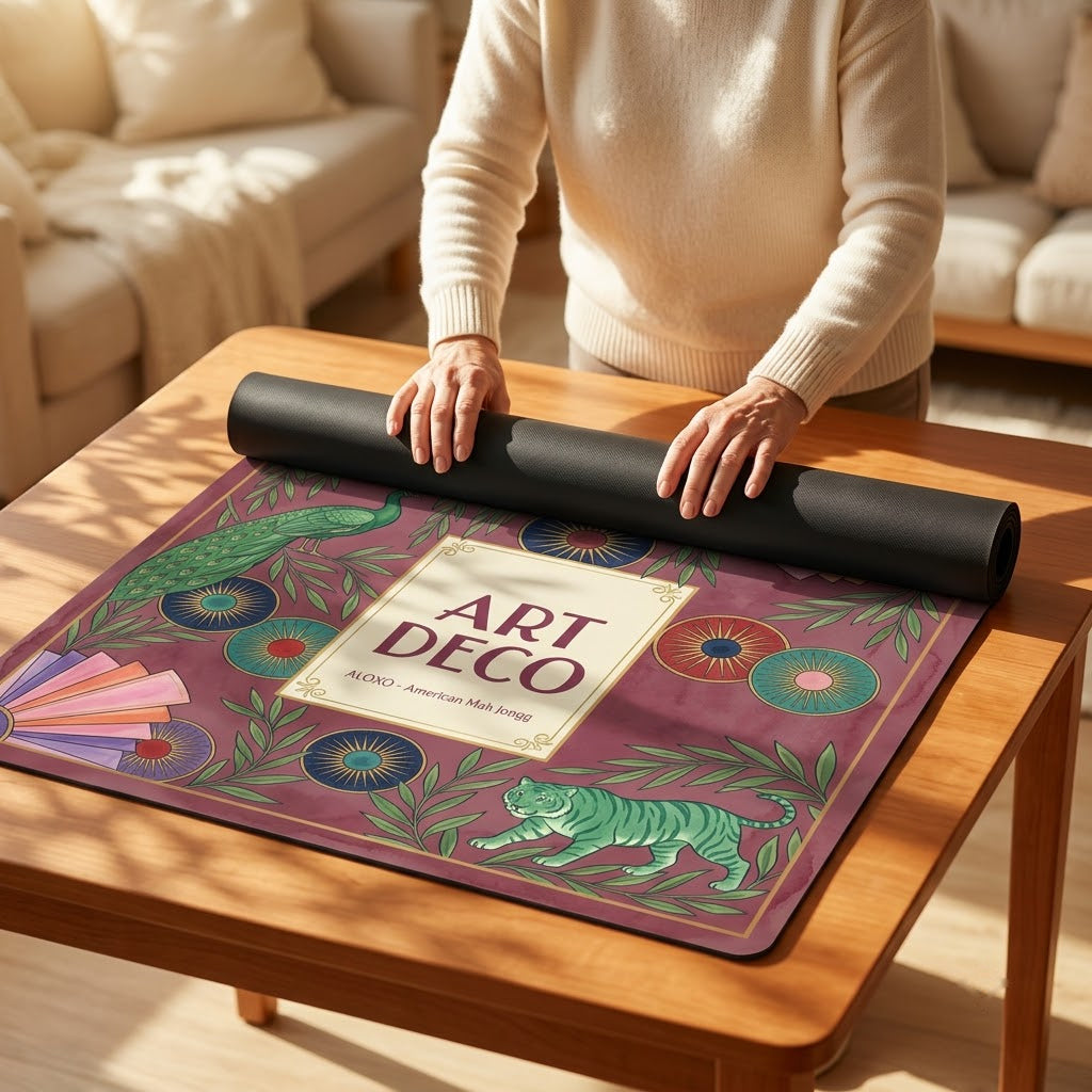 Woman unrolling the Art Deco Peacock mahjong mat across a card table