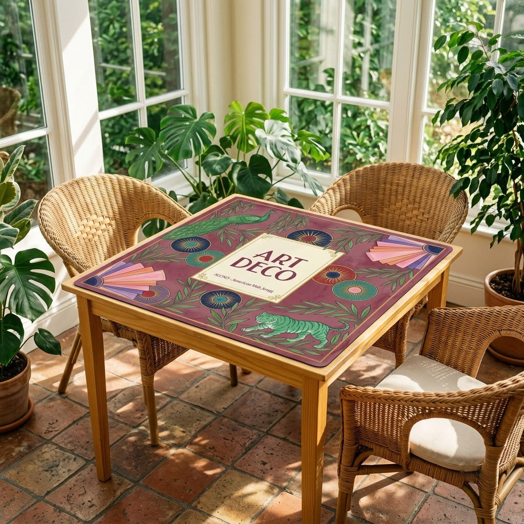 Art Deco Peacock mahjong mat on a card table in a sunroom with wicker chairs