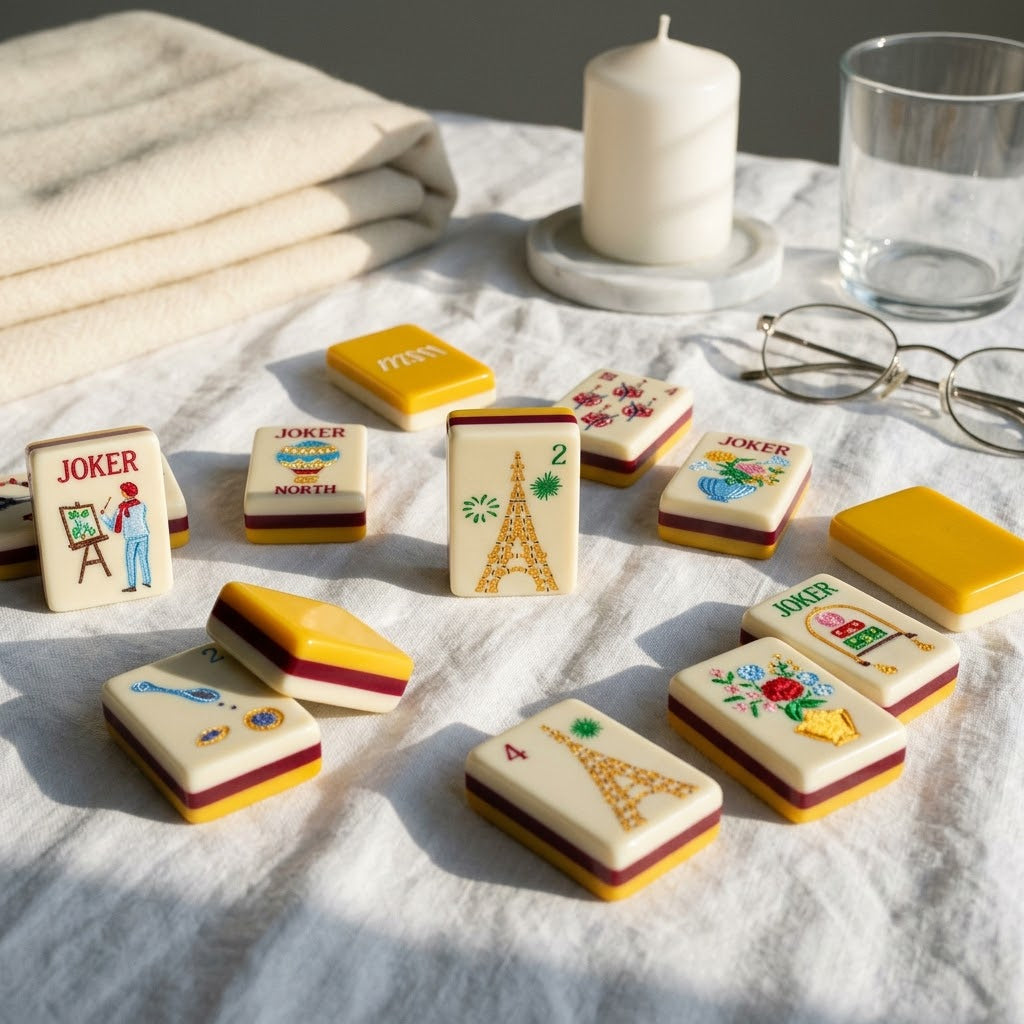 Tiles scattered on white linen