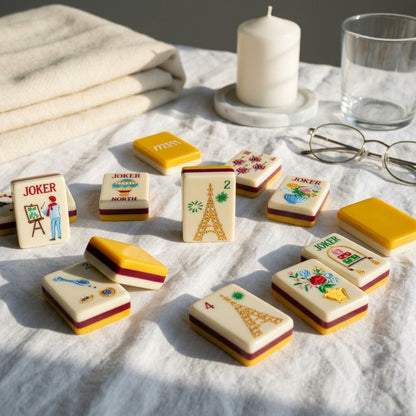 Tiles scattered on white linen