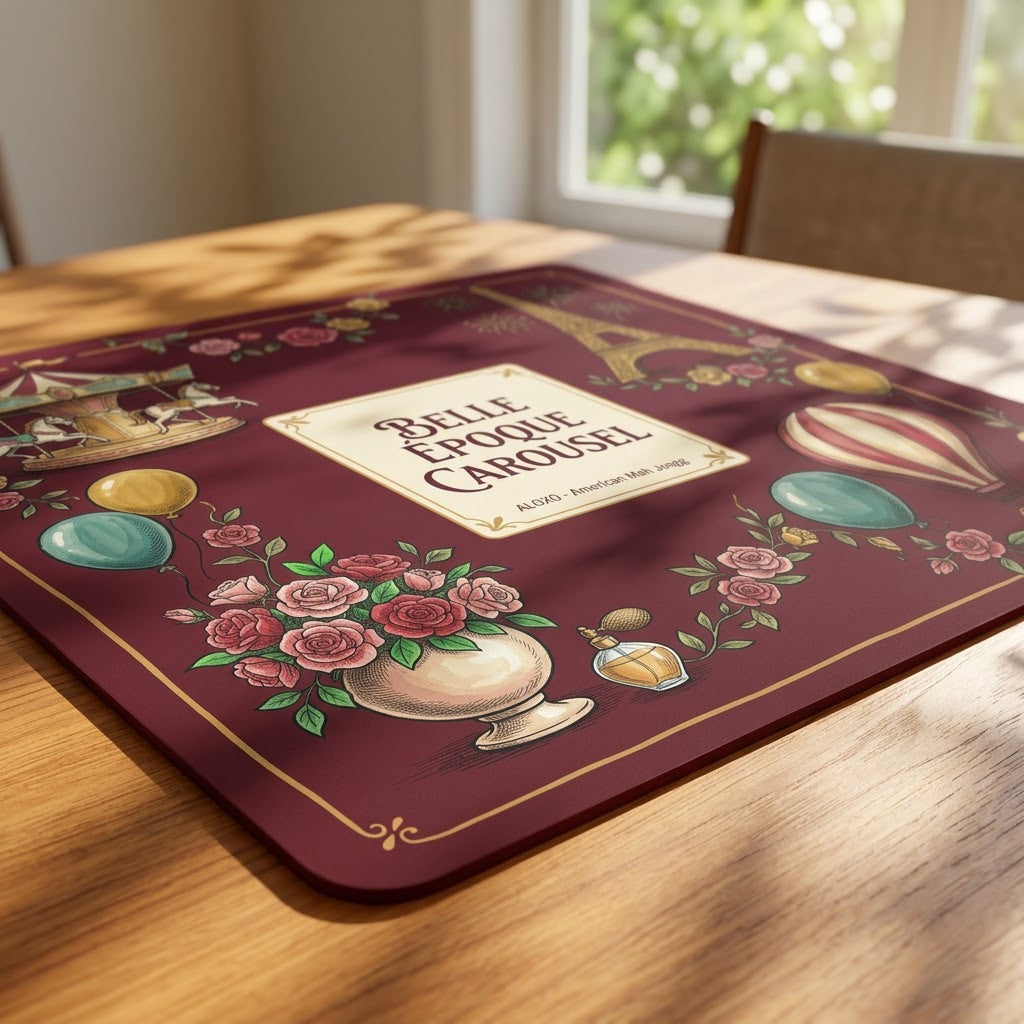 Low-angle view of the Belle Époque Fairground mahjong mat lying flat on a table