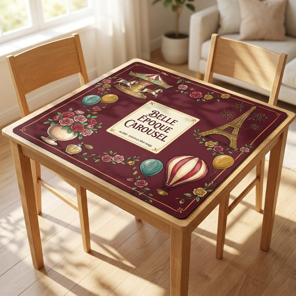 Belle Époque Fairground mahjong mat covering a square card table, angled view