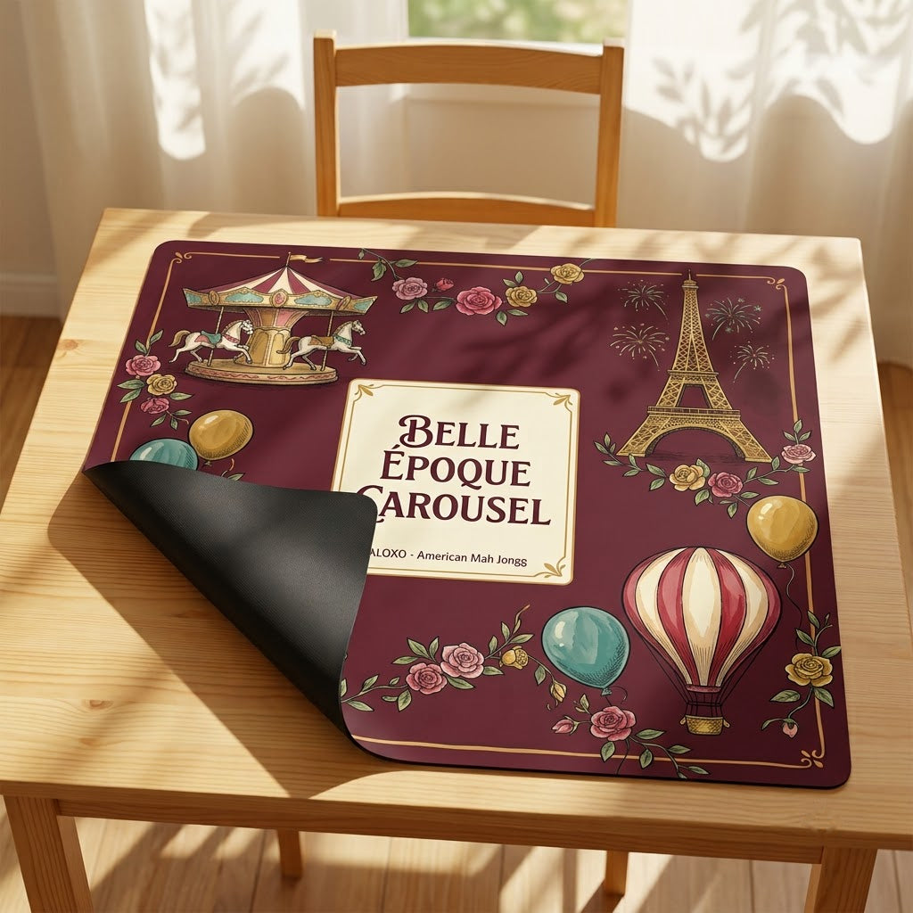 Belle Époque Fairground mahjong mat with one corner folded back to show the black rubber underside
