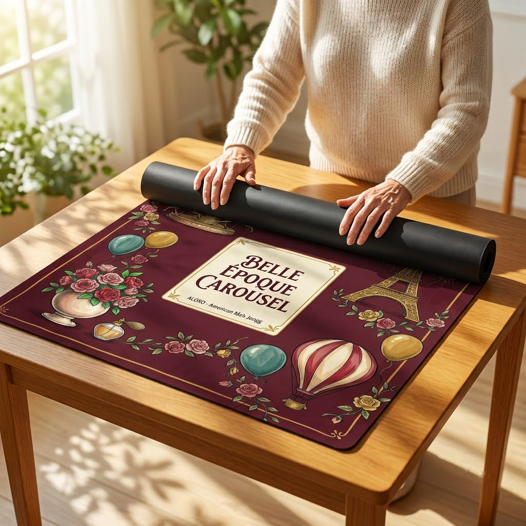 Woman unrolling the Belle Époque Fairground mahjong mat across a card table