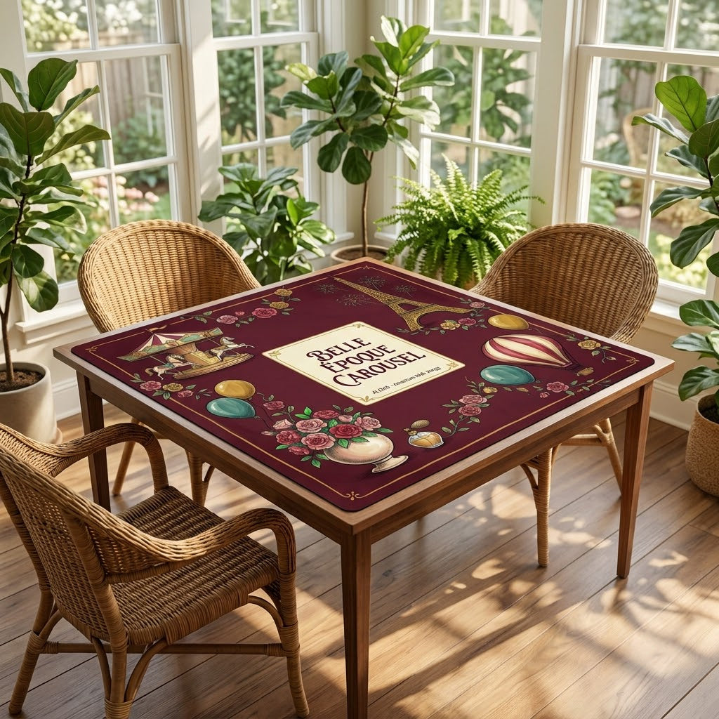 Belle Époque Fairground mahjong mat on a card table in a sunroom with wicker chairs