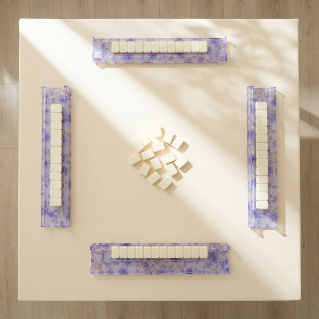 A mahjong table for four from above with a Blue Toile rack at each seat and tiles resting on every rack