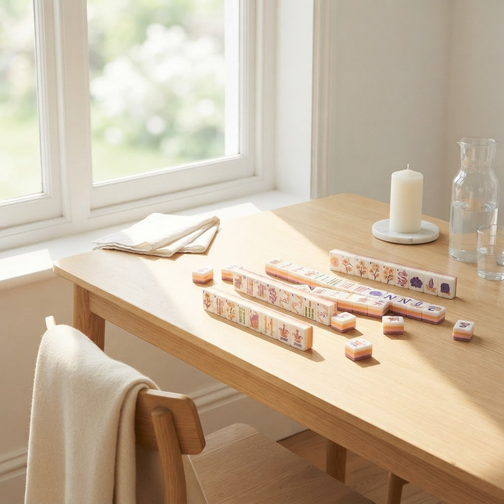 Blush Garden mahjong tiles on a sunroom table by the window