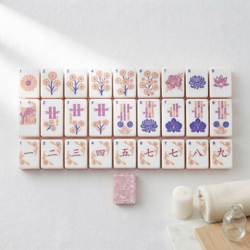 Blush Garden mahjong tiles showing the three suits in rows