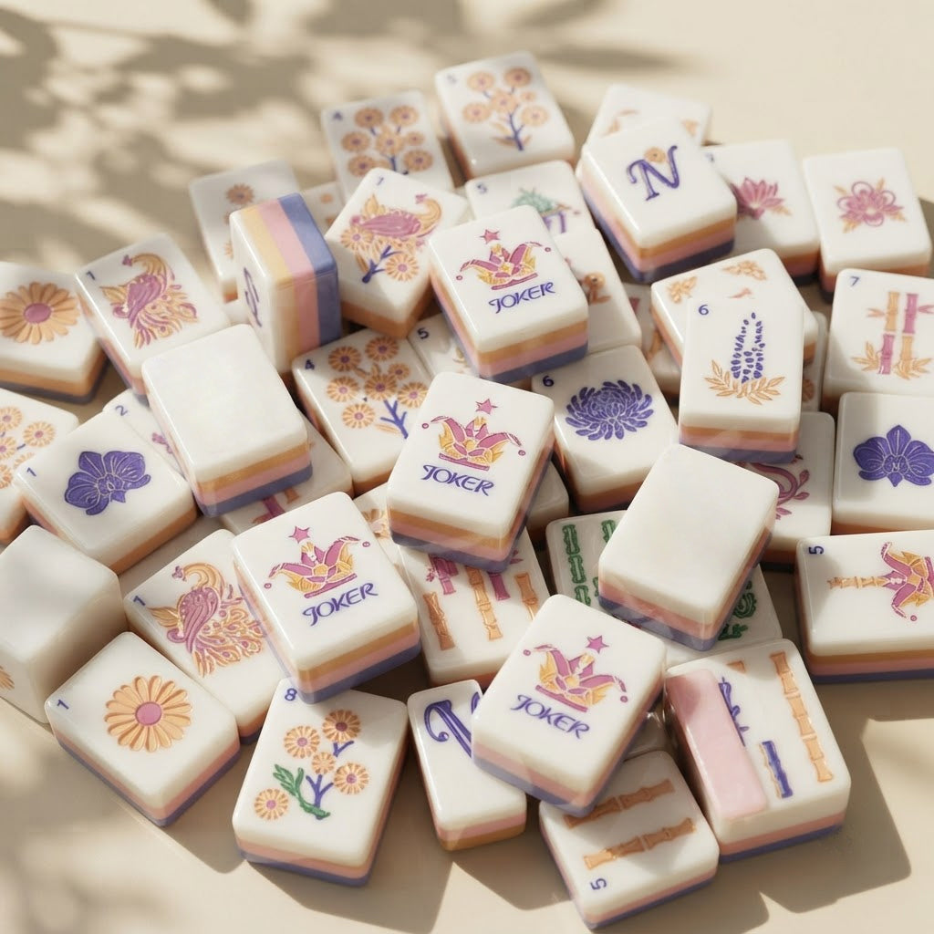 Blush Garden mahjong tiles in a loose pile