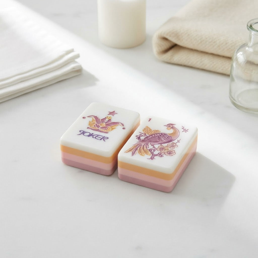 Blush Garden Joker tile beside a peacock Bam tile