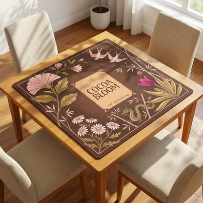 Blush Cocoa Bloom mahjong mat on a card table with four chairs in a living room