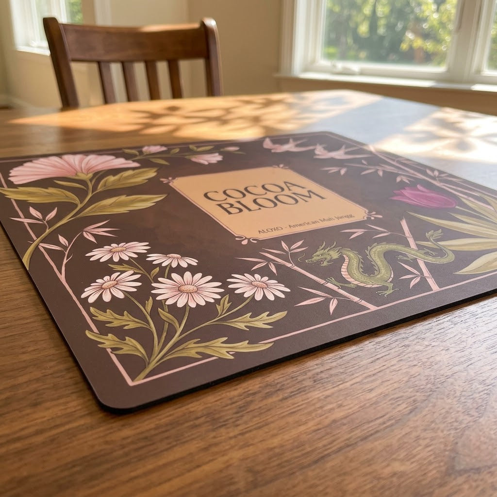 Low-angle view of the Blush Cocoa Bloom mahjong mat lying flat on a table
