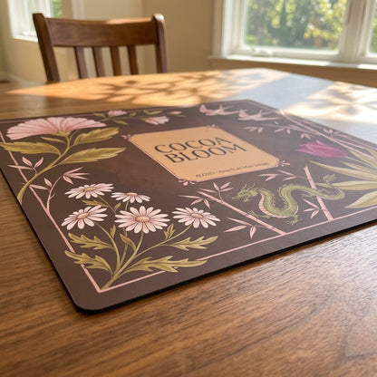 Low-angle view of the Blush Cocoa Bloom mahjong mat lying flat on a table
