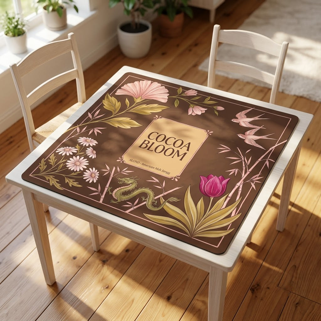 Blush Cocoa Bloom mahjong mat covering a square card table, angled view