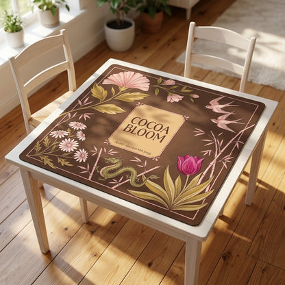 Blush Cocoa Bloom mahjong mat covering a square card table, angled view