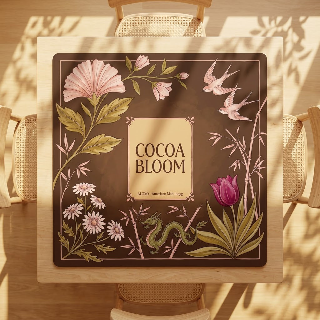 Blush Cocoa Bloom mahjong mat on a square card table with four chairs, seen from above
